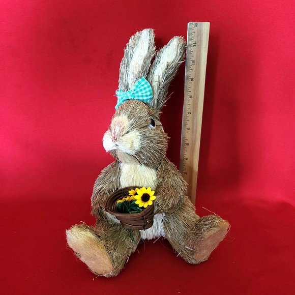 Sisal Bunny Rabbit Holding a Basket of Sunflowers Green Ribbon Decor Figure East - Picture 10 of 13